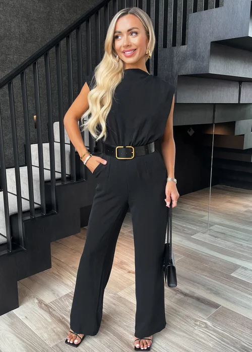AX Paris Black Boat Neck Belted Wide Leg Jumpsuit - 8 Image 1