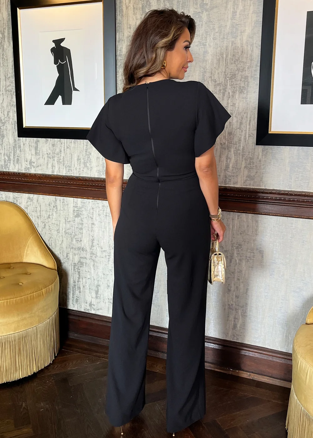 AX Paris Black V Neck Knot Detail Flutter Sleeve Wide Leg Jumpsuit - 8 Image 2