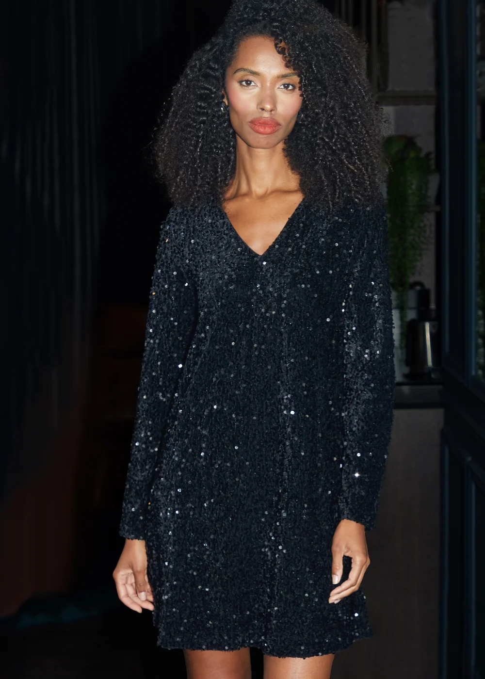 Threadbare Black Sequin Velour V Neck Long Sleeve Mini Dress - 8 Image 4