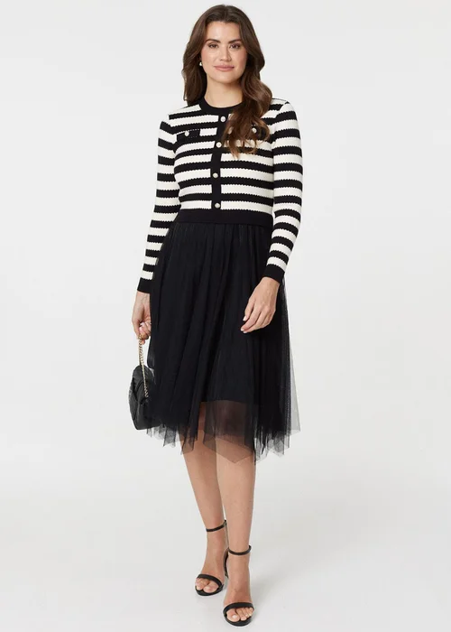 Izabel London Black Dress Striped Top & Midi Mesh Skirt - Size 8 Image 1