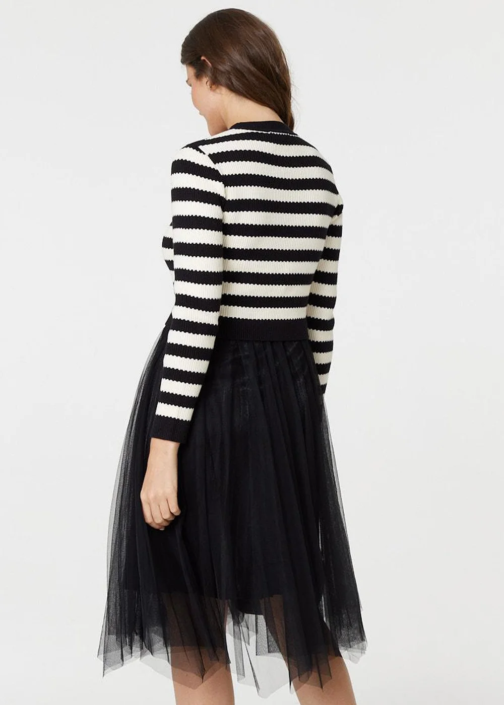 Izabel London Black Dress Striped Top & Midi Mesh Skirt - Size 8 Image 2
