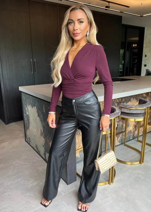 AX Paris Plum Long Sleeve Drape Waist Wrap Bodysuit - 8 Image 1