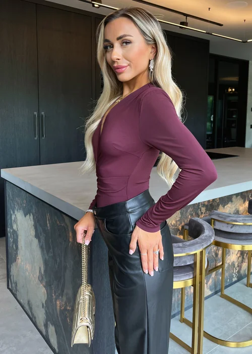 AX Paris Plum Long Sleeve Drape Waist Wrap Bodysuit - 8 Image 3