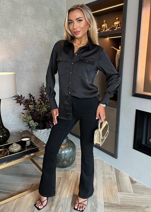 AX Paris Black Satin Long Sleeve Gold Button Shirt - 8 Image 1