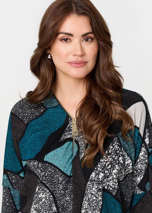 Izabel London Teal Abstract Print Zip-Front Long Sleeve Top - 8 Image 3