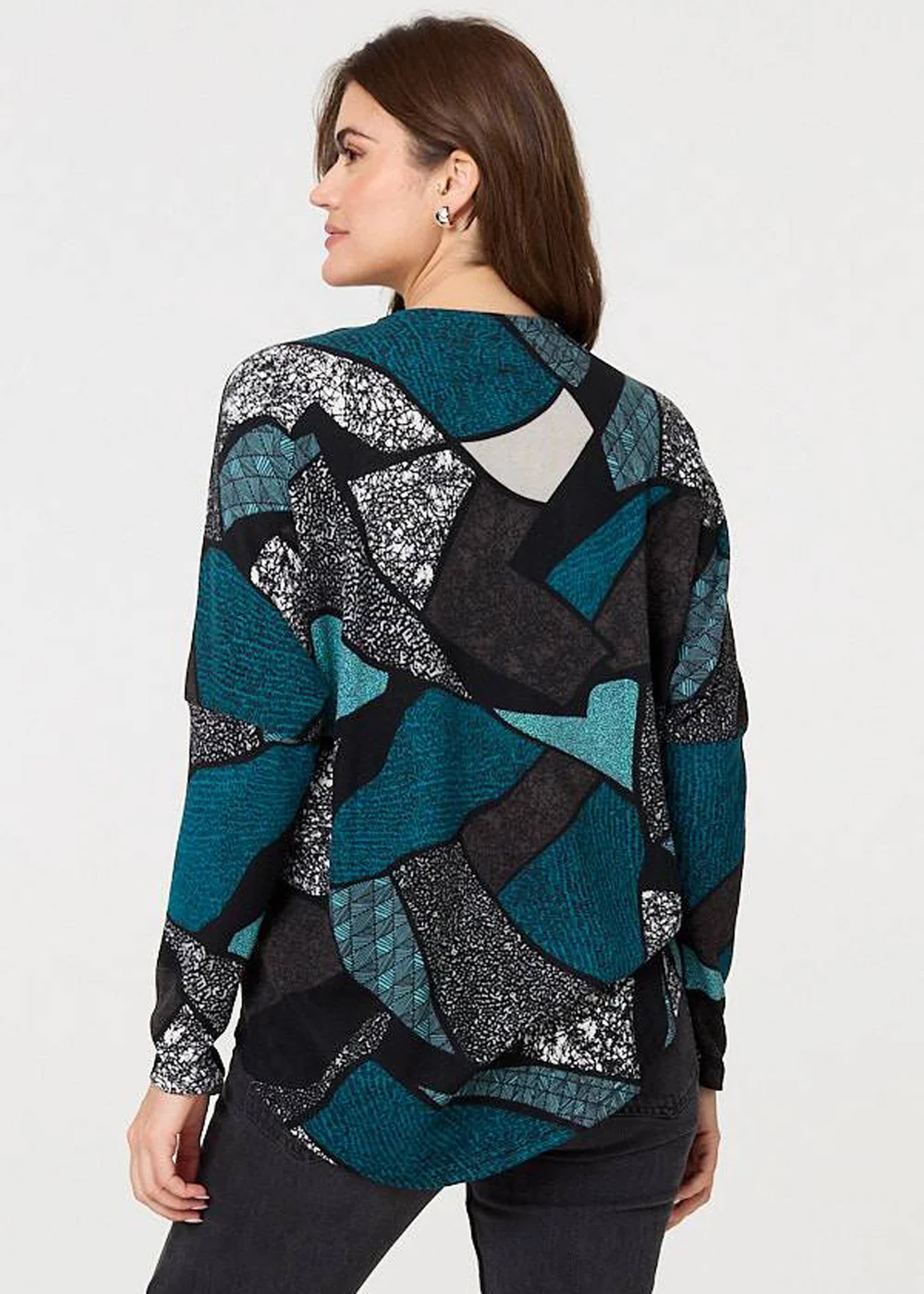 Izabel London Teal Abstract Print Zip-Front Long Sleeve Top - 8 Image 2