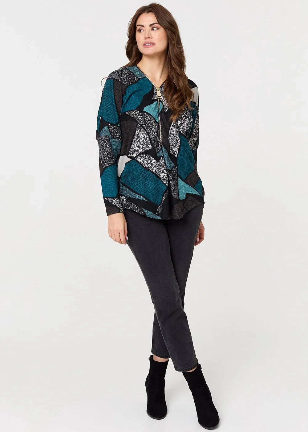 Izabel London Teal Abstract Print Zip-Front Long Sleeve Top - 8 Image 1