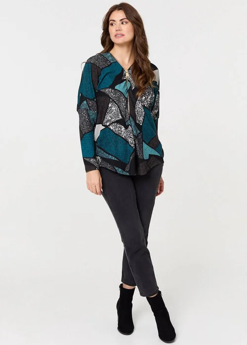 Izabel London Teal Abstract Print Zip-Front Long Sleeve Top - 8 Image 1