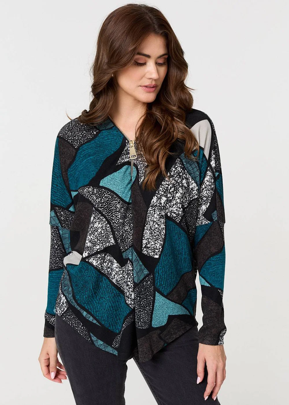 Izabel London Teal Abstract Print Zip-Front Long Sleeve Top - 8 Image 4