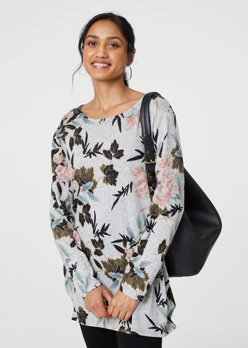 Izabel London Grey Floral Wide Neck Relaxed Long Sleeve Top - 8 Image 4