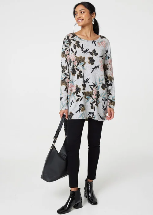 Izabel London Grey Floral Wide Neck Relaxed Long Sleeve Top - 8 Image 1