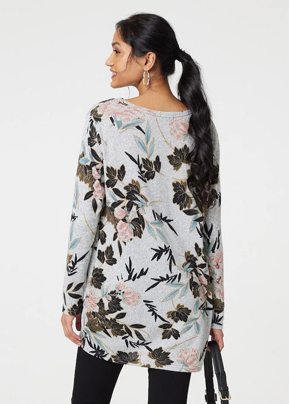 Izabel London Grey Floral Wide Neck Relaxed Long Sleeve Top - 8 Image 2