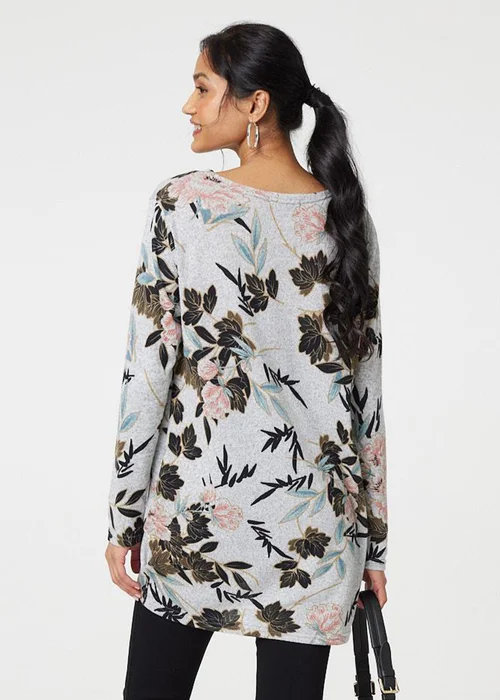 Izabel London Grey Floral Wide Neck Relaxed Long Sleeve Top - 8 Image 2
