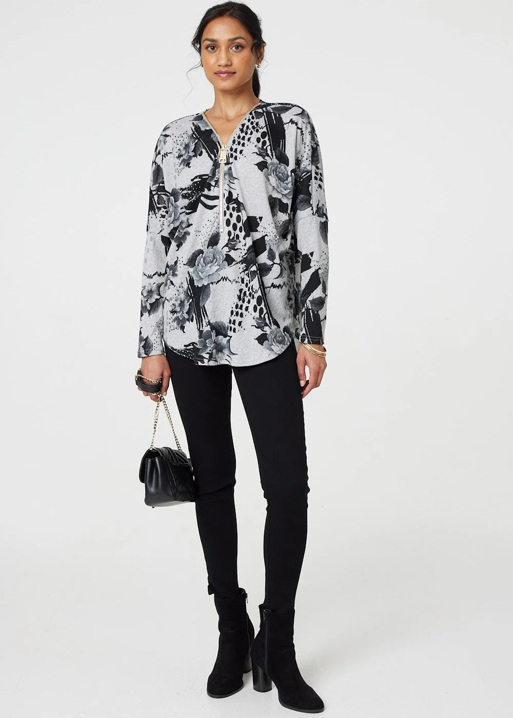 Izabel London Grey Floral Zip Front V-Neck Sweatshirt - 8 Image 1