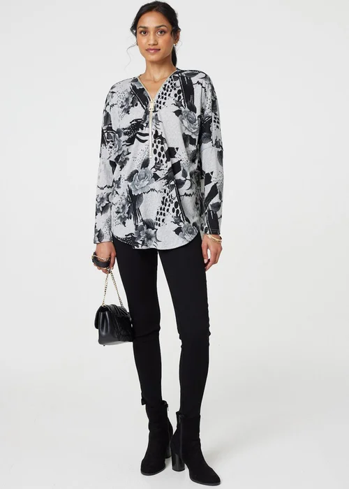 Izabel London Grey Floral Zip Front V-Neck Sweatshirt - 8 Image 1