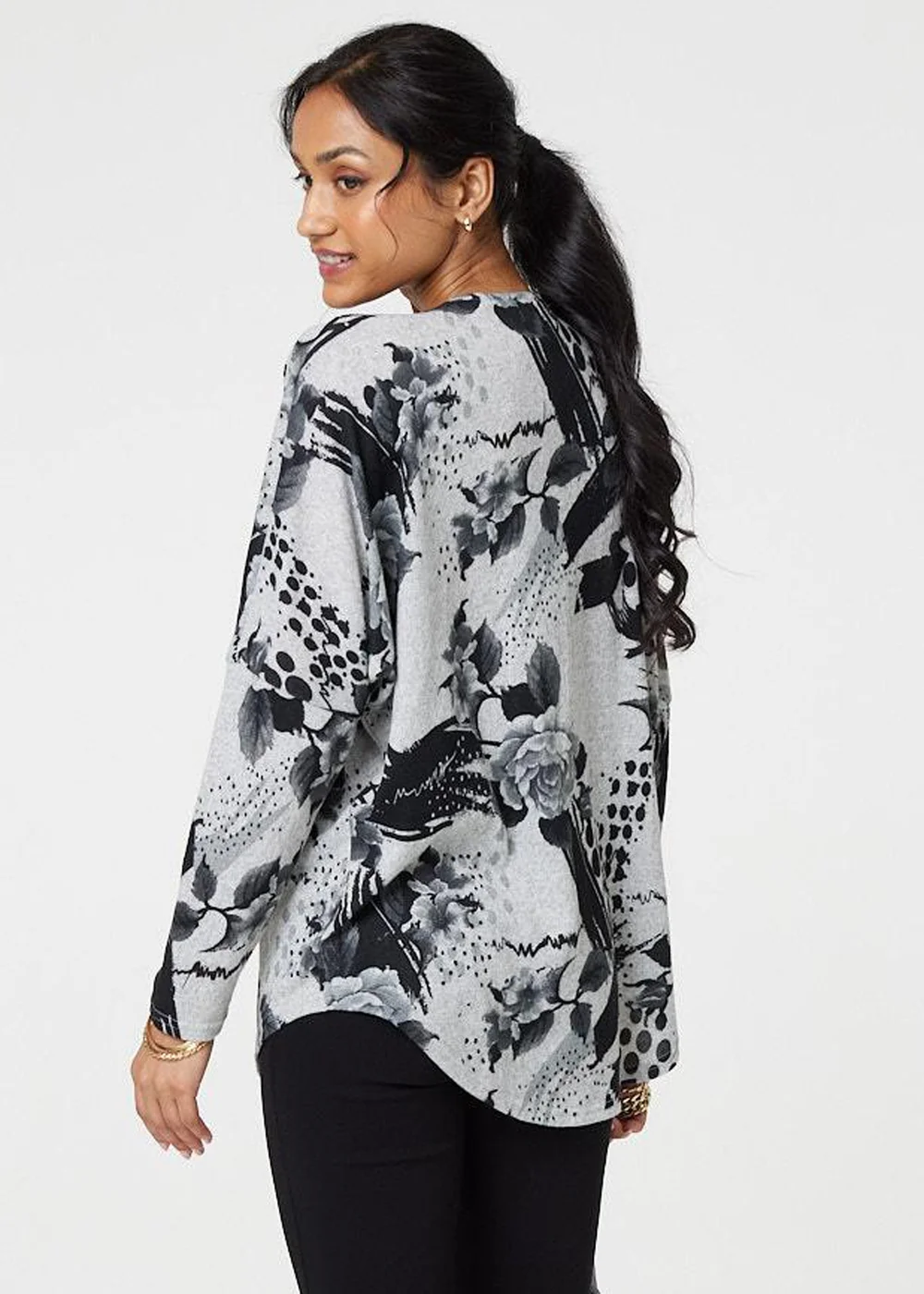 Izabel London Grey Floral Zip Front V-Neck Sweatshirt - 8 Image 2