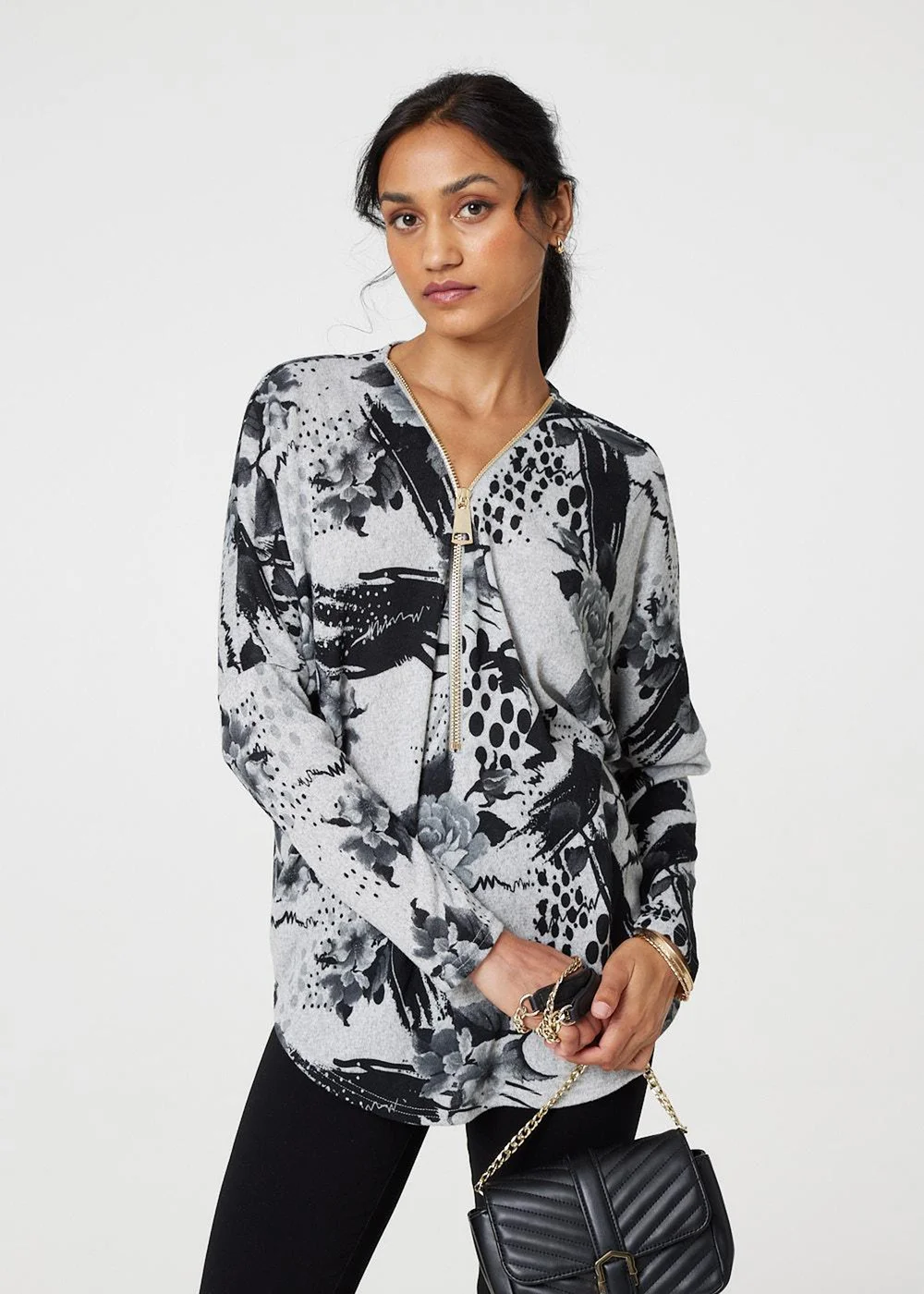 Izabel London Grey Floral Zip Front V-Neck Sweatshirt - 8 Image 4