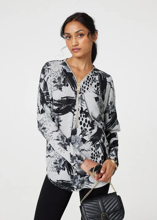 Izabel London Grey Floral Zip Front V-Neck Sweatshirt - 8 Image 4