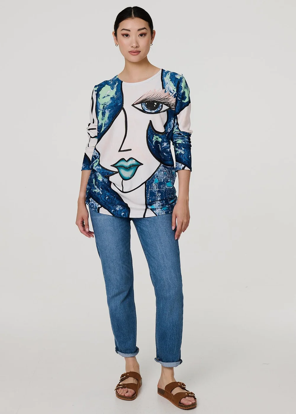 Izabel London Blue Graphic Diamante Print Long Sleeve Top - Small/Medium Image 1