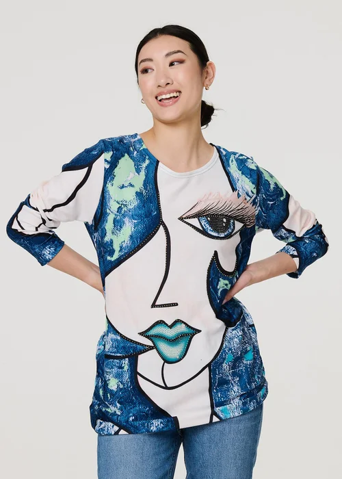Izabel London Blue Graphic Diamante Print Long Sleeve Top - Small/Medium Image 4