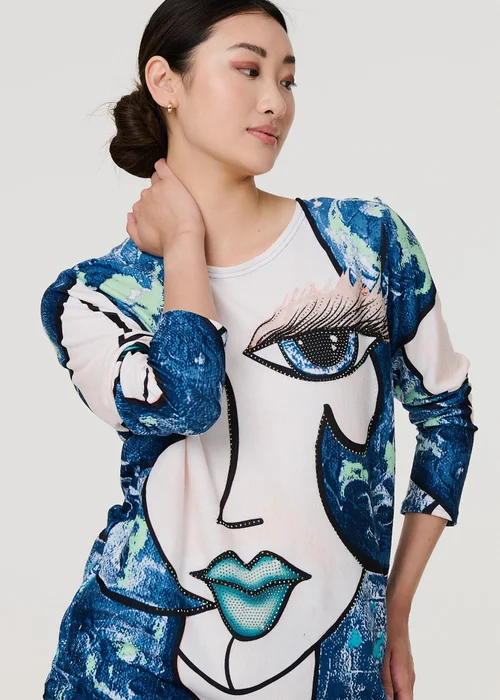 Izabel London Blue Graphic Diamante Print Long Sleeve Top - Small/Medium Image 3