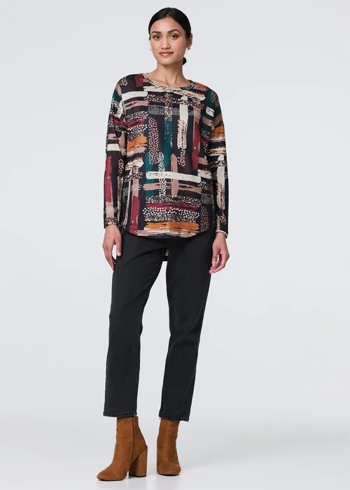 Izabel London Brown Brushstroke Print Curved Hem Top - 8 Image 1