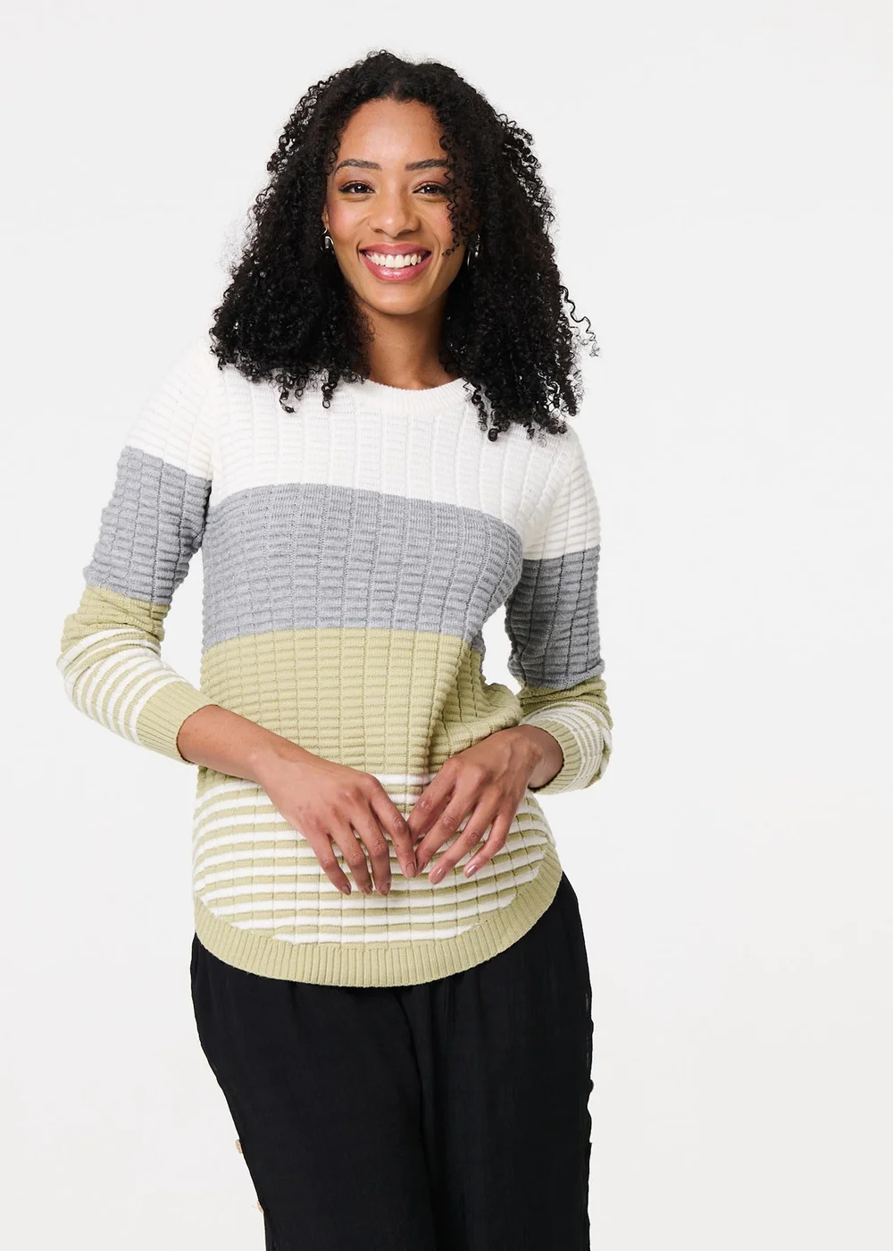 Izabel London Green Colour Block Textured Curve Hem Jumper - 8 Image 4