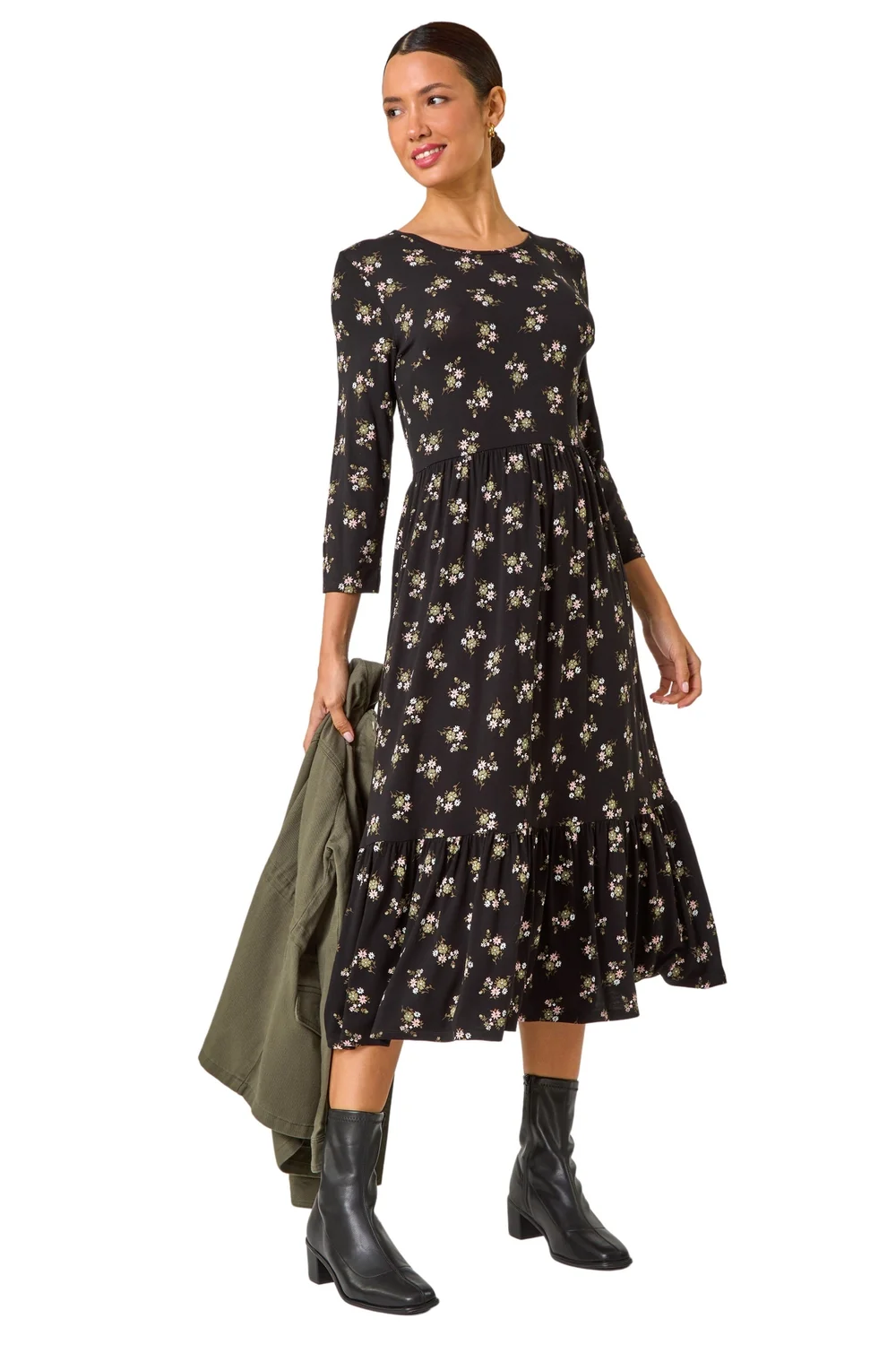 Roman Black Floral Print Frill Hem Stretch Midi Dress - 14 Image 2