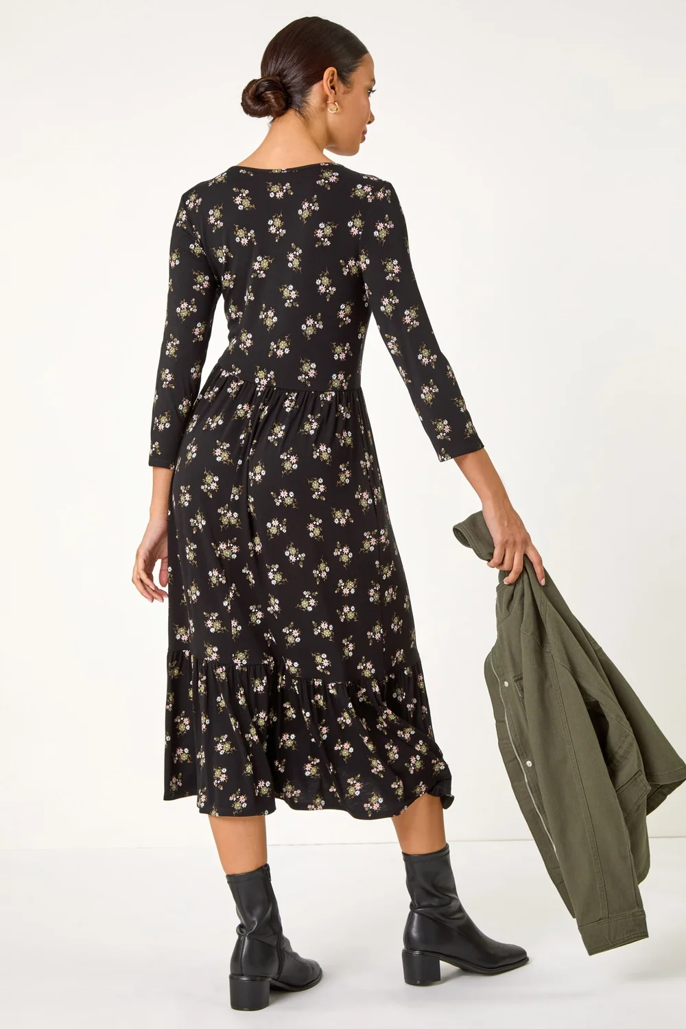 Roman Black Floral Print Frill Hem Stretch Midi Dress - 14 Image 4