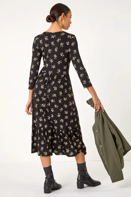 Roman Black Floral Print Frill Hem Stretch Midi Dress - 14 Image 4