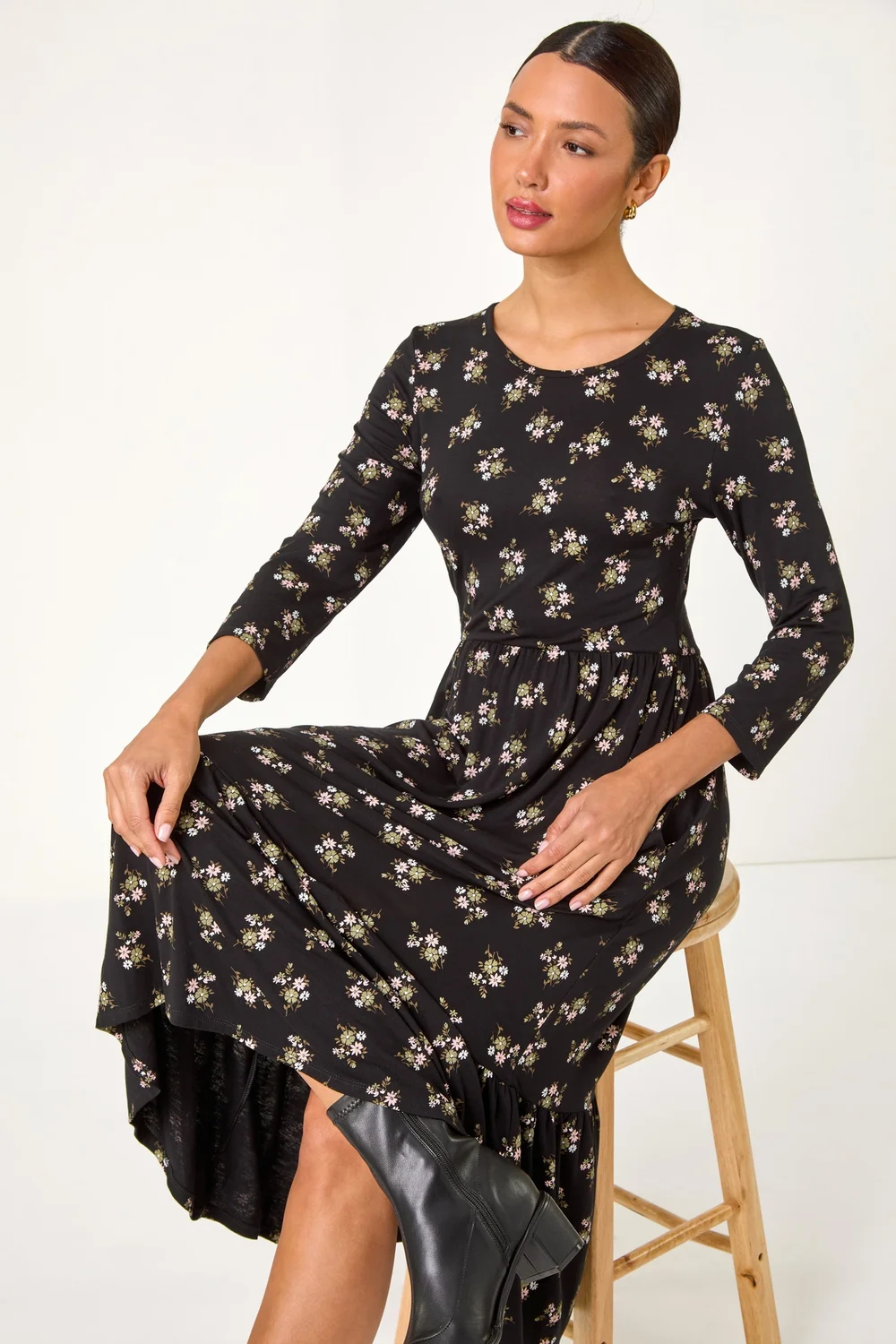 Roman Black Floral Print Frill Hem Stretch Midi Dress - 14 Image 3