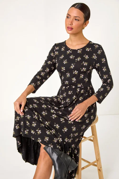 Roman Black Floral Print Frill Hem Stretch Midi Dress - 14 Image 3