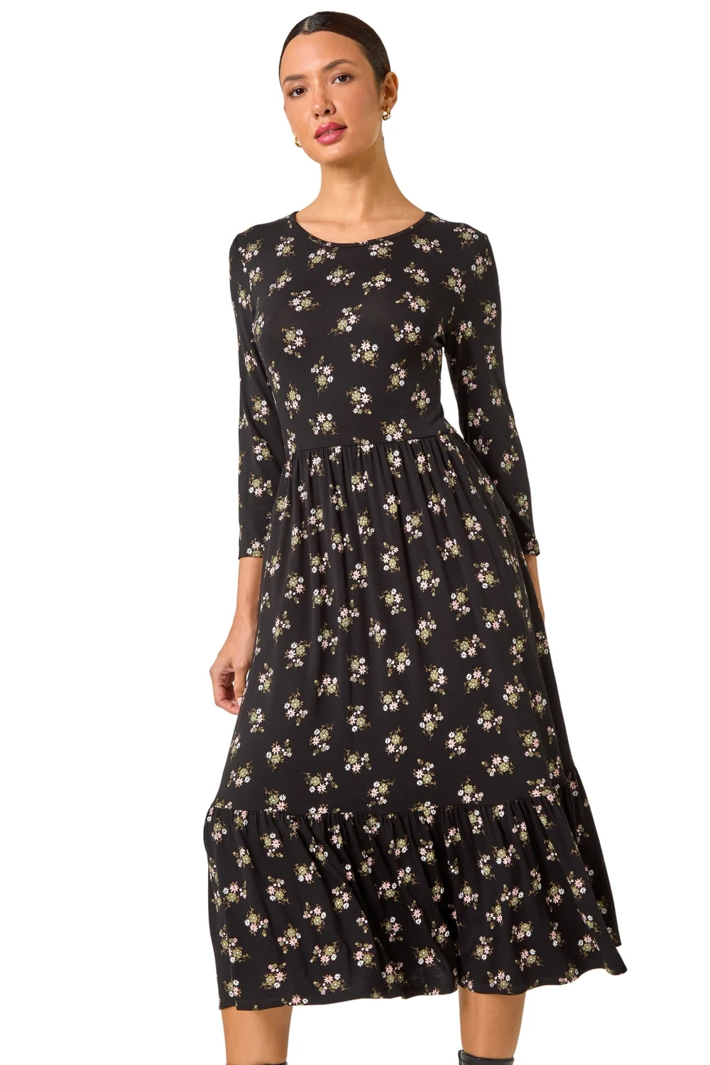 Roman Black Floral Print Frill Hem Stretch Midi Dress - 14 Image 1