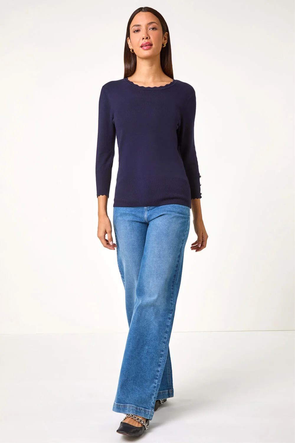 Roman Midnight Blue Scallop Neck Button Knit Jumper - 14 Image 4