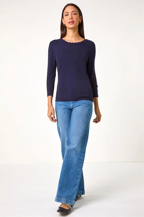 Roman Midnight Blue Scallop Neck Button Knit Jumper - 14 Image 4