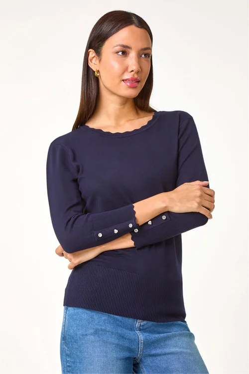 Roman Midnight Blue Scallop Neck Button Knit Jumper - 14 Image 1