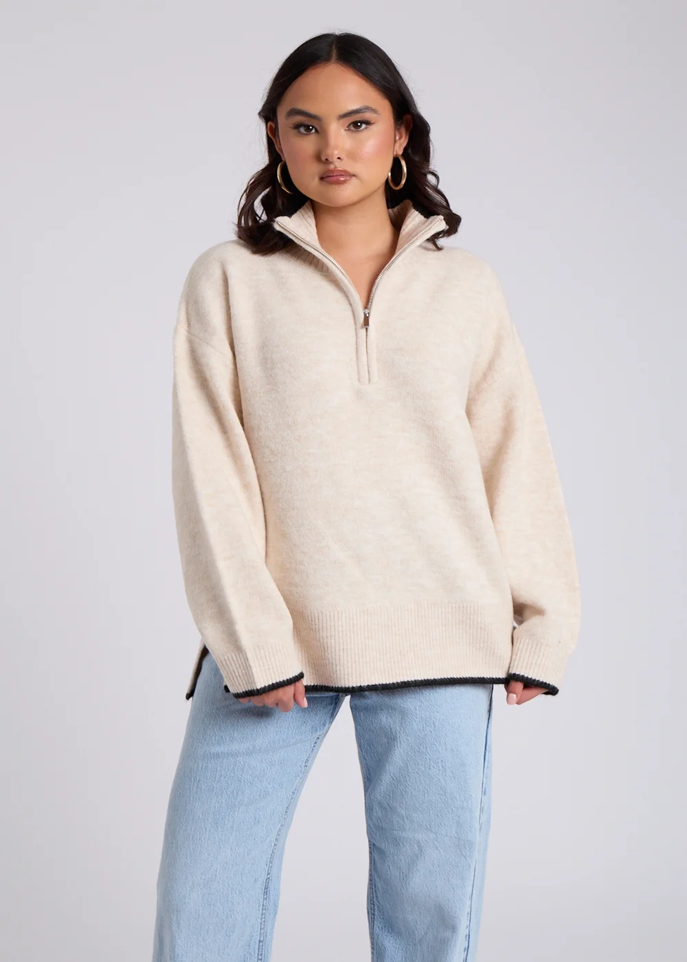 Urban Bliss Cream Contrast Half Zip Jumper - S Image 1