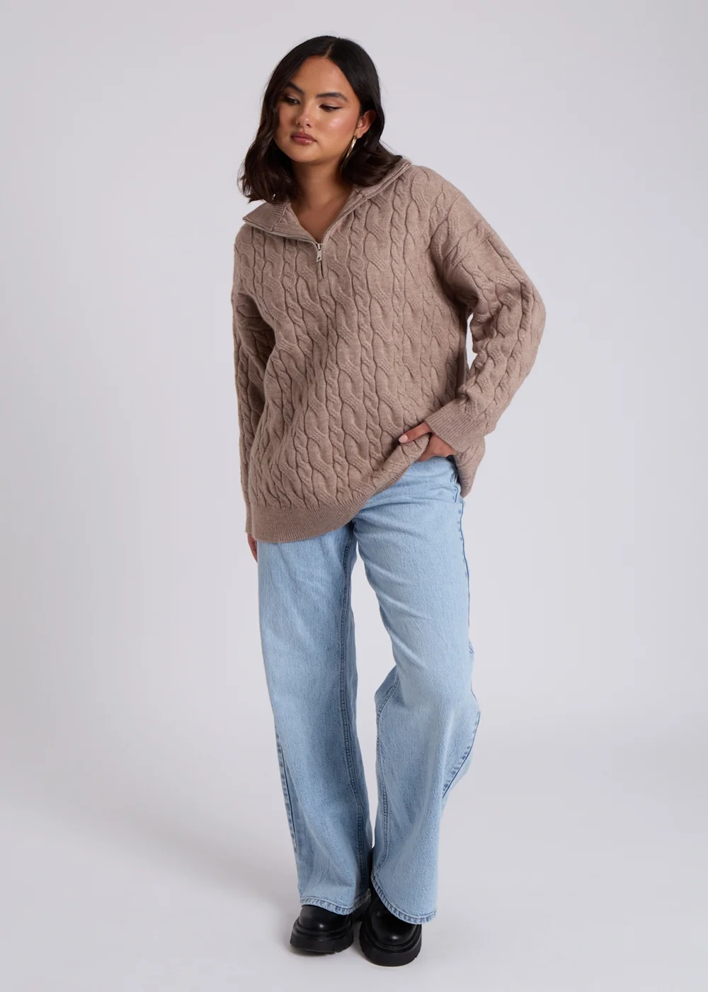 Urban Bliss Brown Cable Half Zip Jumper - Small Image 1
