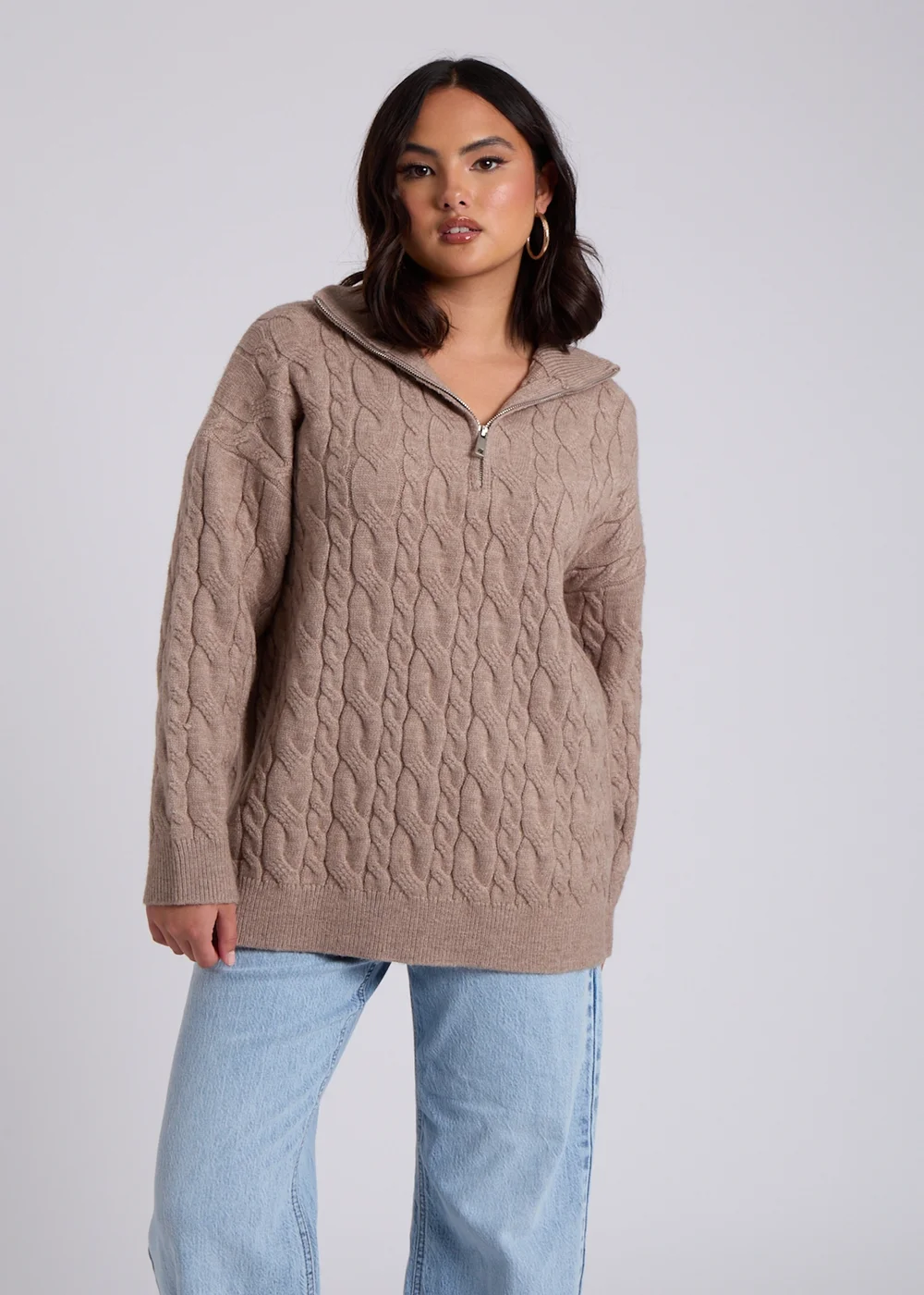 Urban Bliss Brown Cable Half Zip Jumper - Small Image 3