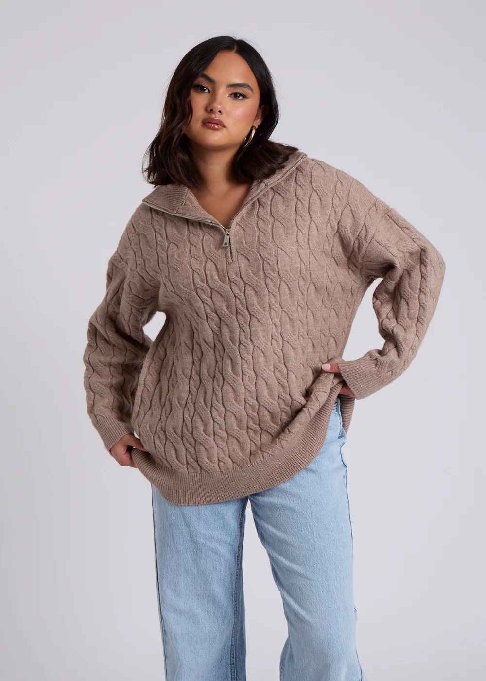 Urban Bliss Brown Cable Half Zip Jumper - Small Image 2