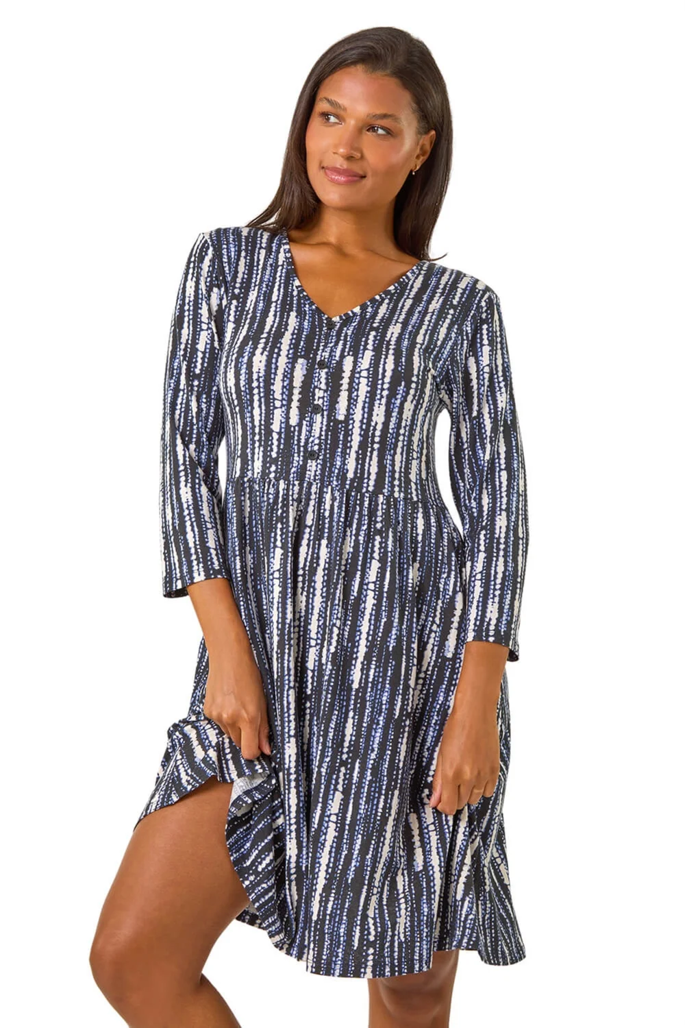 Roman Black Tie Dye Button Detail V-Neck Dress - 10 Image 1