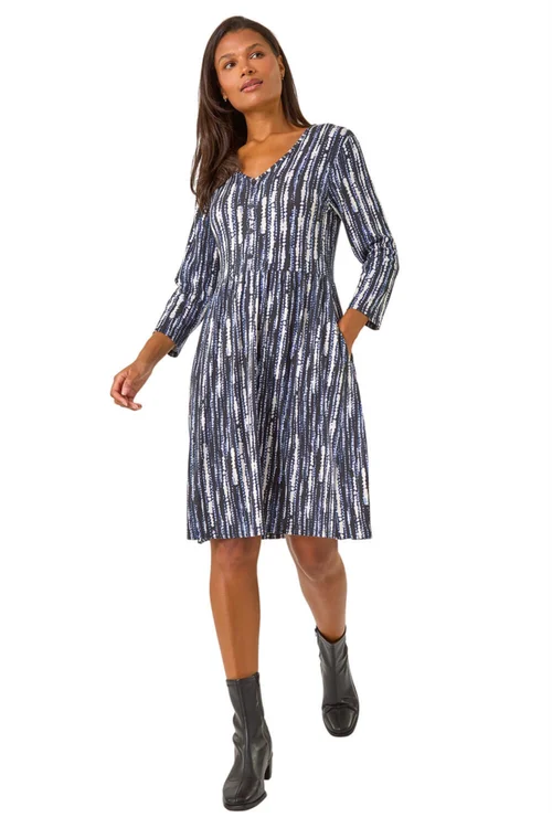 Roman Black Tie Dye Button Detail V-Neck Dress - 10 Image 2