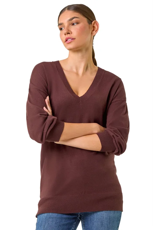 Roman Chocolate V-Neck Stretch Jumper - 10 Image 1