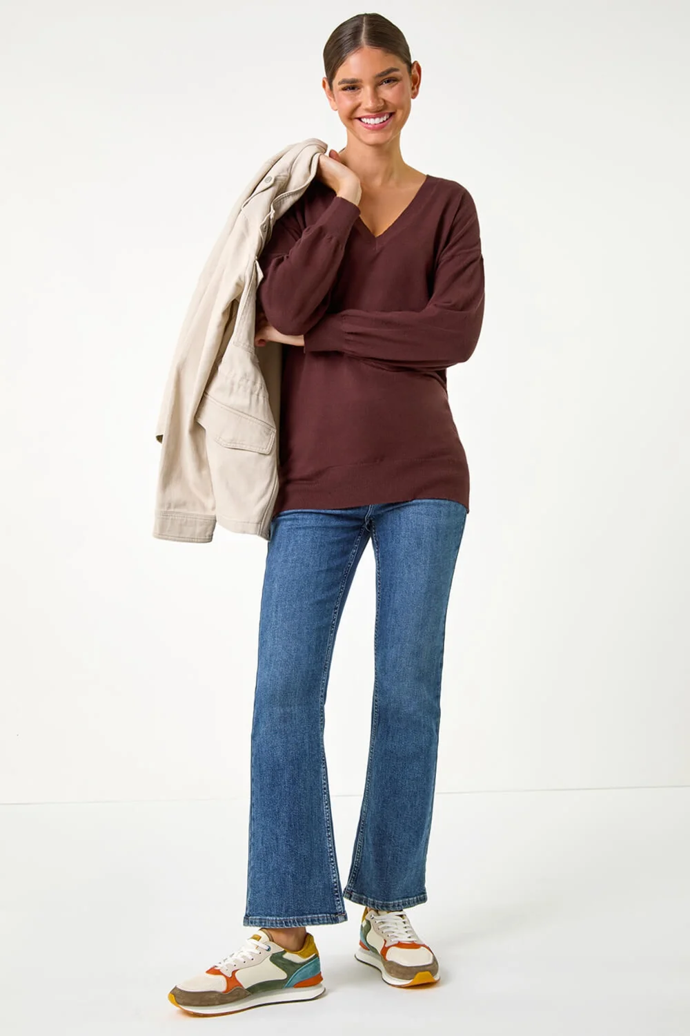 Roman Chocolate V-Neck Stretch Jumper - 10 Image 2