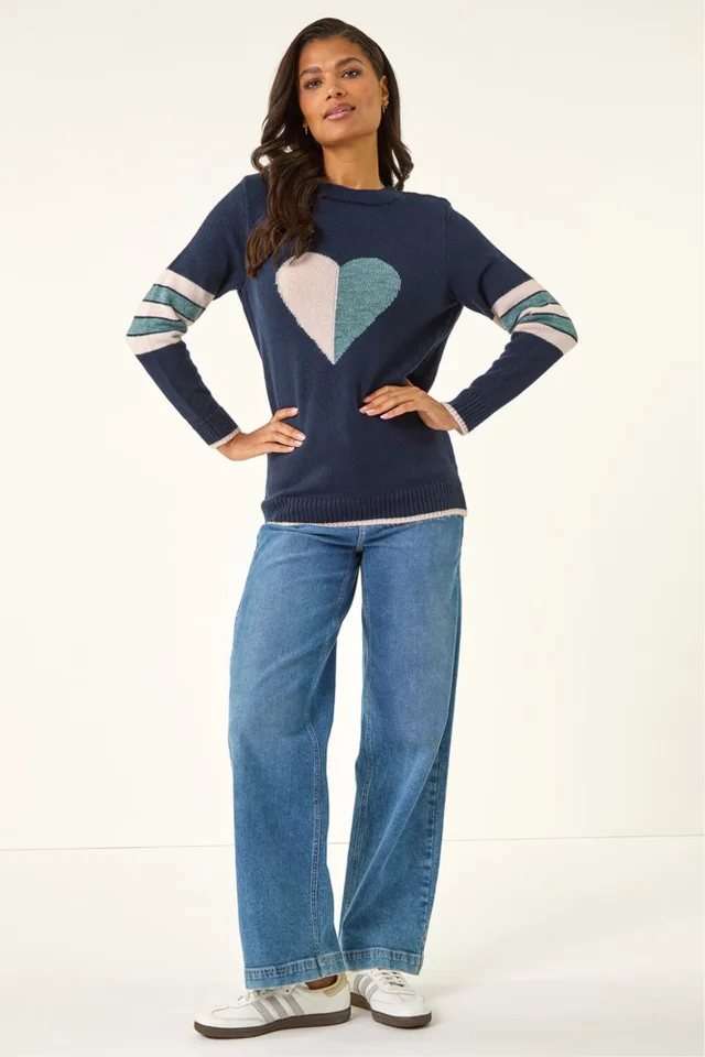 Roman Midnight Blue Heart Print Stripe Sleeve Jumper