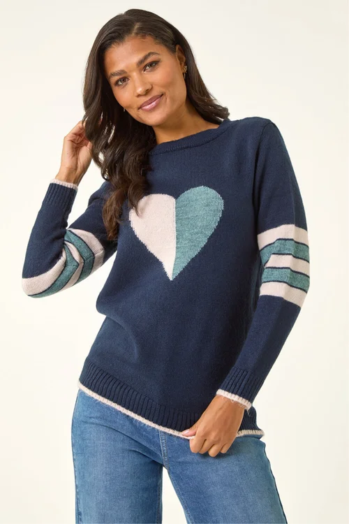 Roman Midnight Blue Heart Print Stripe Sleeve Jumper - 20 Image 1