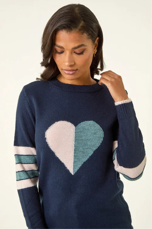 Roman Midnight Blue Heart Print Stripe Sleeve Jumper - 20 Image 4
