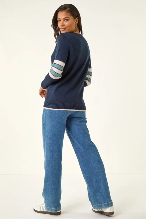 Roman Midnight Blue Heart Print Stripe Sleeve Jumper - 20 Image 3
