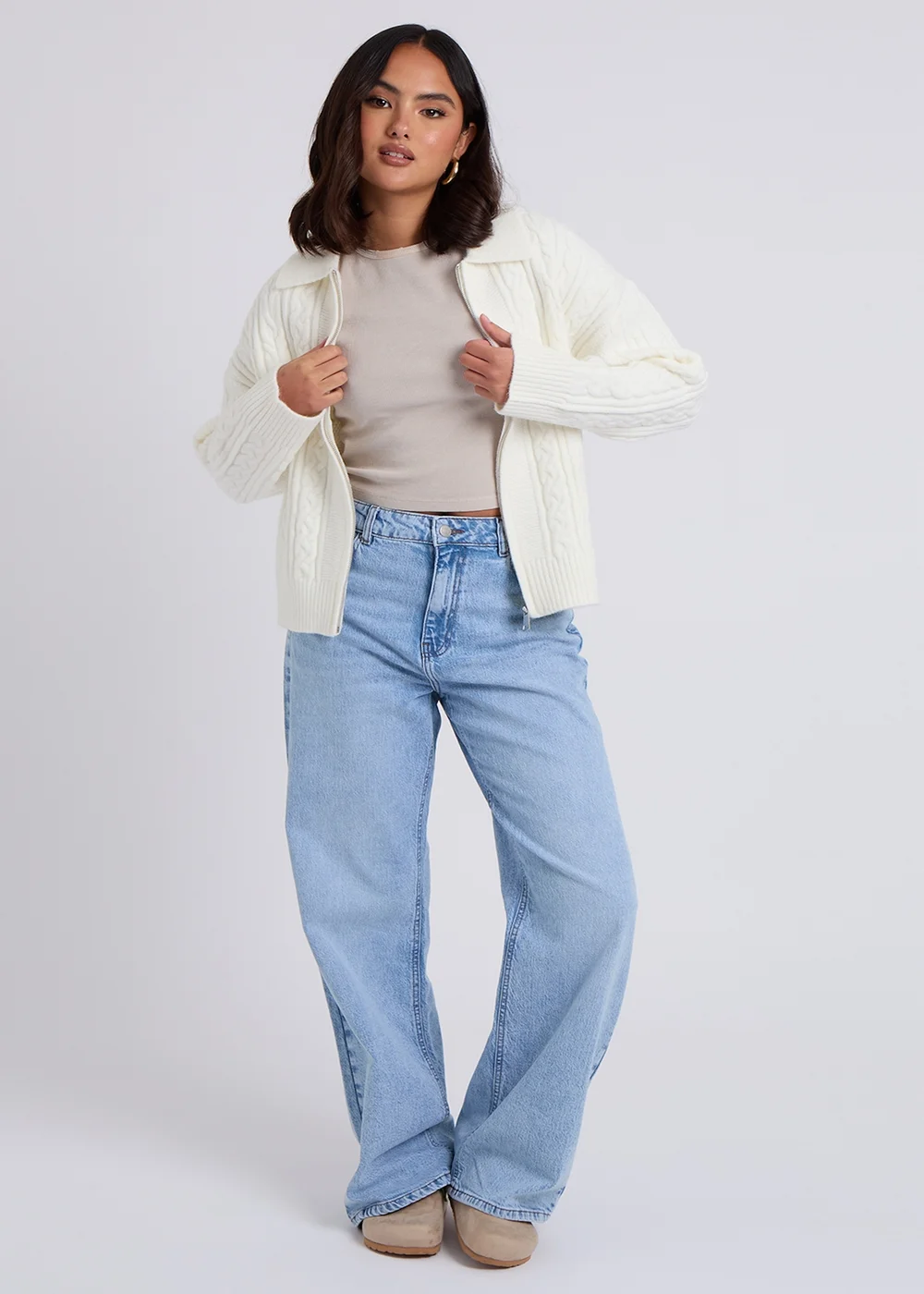 Urban Bliss Cream Cable Zip Up Cardigan - S Image 3