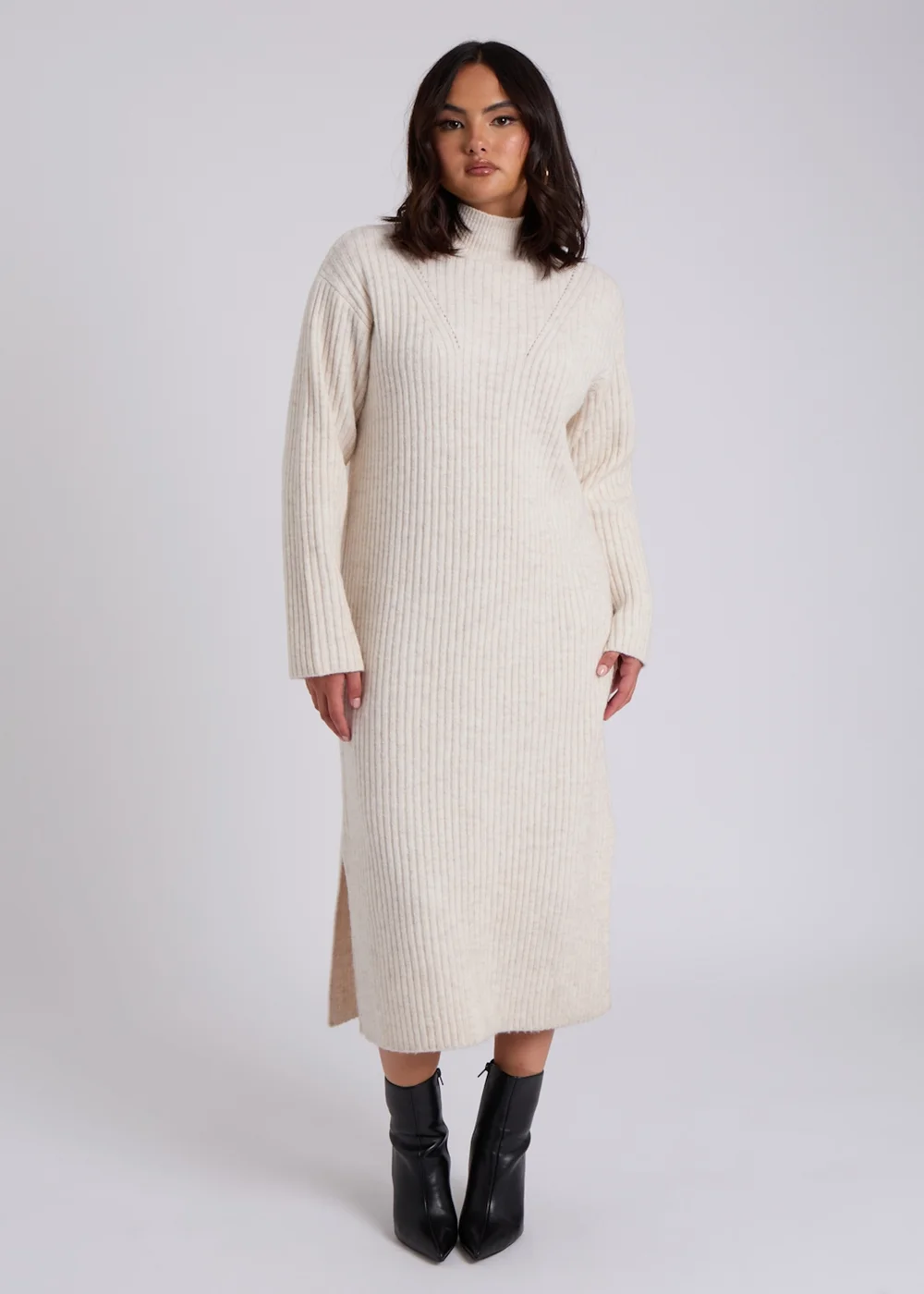 Urban Bliss Cream Stand Neck Ribbed Dress - S Image 2